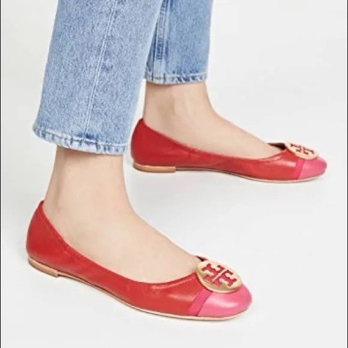 TORY BURCH MINNIE CAP-TOE ROT & ROSA LEDER RAVE BALLERINAS GRÖSSE 10 - Bild 2 von 12