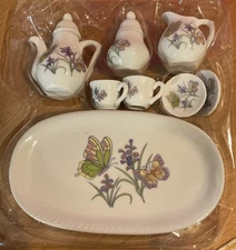 NEW Vtg Royal Norfolk 8pc Miniature Porcelain Tea Set - NIB - Butterfly & Floral