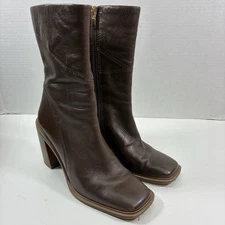 Franco Sarto Womens Stevie Leather Mid-Calf Boots 6.5 Brown Square Toes Heels
