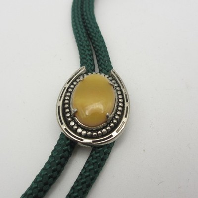 Vintage Horseshoe Bolo Tie Yellow Stone Green Cord Silver Tone Tips