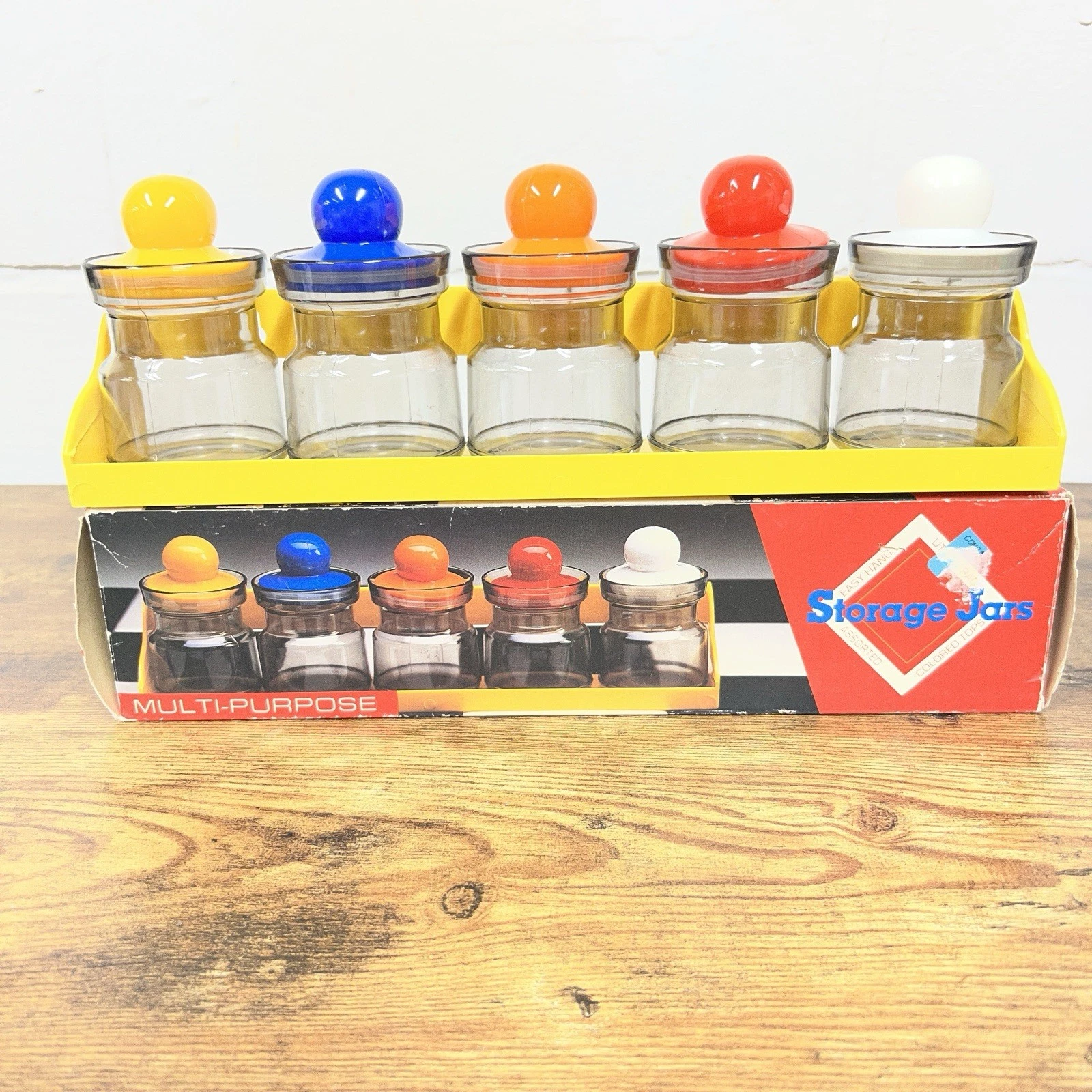 Mini Jar Set w/Hanging Rack Colorful Lids Spices Crafts Vintage Organization 90s