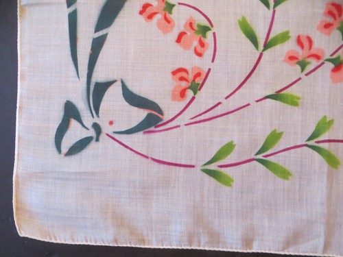 Vintage hanky handkerchief sprig of spring flowers & bow airbrush look - Picture 4 of 10