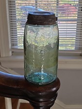 Quart green Mason's cfj quart fruit canning jar lugged lid e238 bse grnd lip