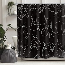 Abstract Shower Curtain 60Wx72L Inch Modern Black White Minimalist Line Art L...