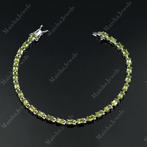 925 Sterling Silver Natural 5X3 MM Green Peridot Gemstone Women Tennis Bracelet - Picture 4 of 5