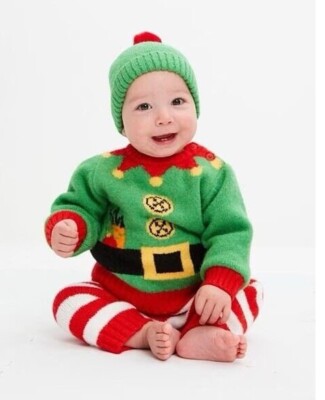 Baby Cute Knitted Christmas Elf Outfit Complete Piece Festive Hat New  UK