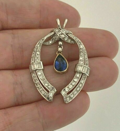 Vintage Pear Sapphire & Lab Created Diamond Edwardian Wedding 925 Silver Pendant - Afbeelding 1 van 6
