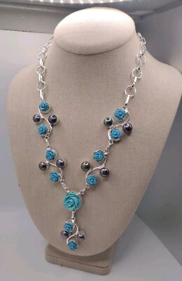Sterling Silver Hand Carved Blue Rose And Genuine Black Pearl 20'' Necklace