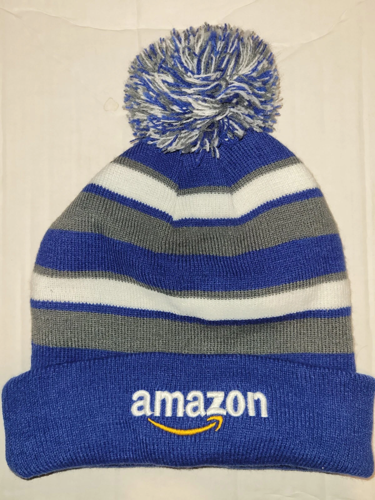 Amazon Winter Pom Beanie Stocking Cap Hat White/gray/blue New Without Tags