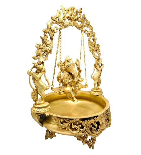 Brass Urli Floating Flower Pot Stand w God Ganesha Statue Sculpture Diwali Decor - Picture 4 of 4