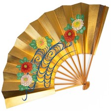 VTG Japanese Ex Large Golden Display Folding Fan Hand-Painted Chrysanthemums