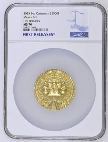 2oz Silver Coin 2025 Cameroon Maya Gold Gilded High Relief NGC MS 70 Top Pop 5