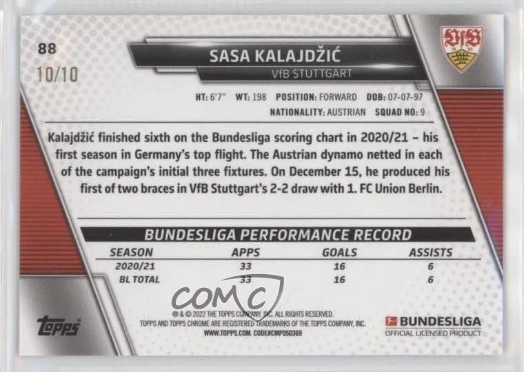 2021 Chrome Bundesliga Red Refractor /10 Sasa Kalajdzic Saša Kalajdžić Rookie RC - Image 2 of 2