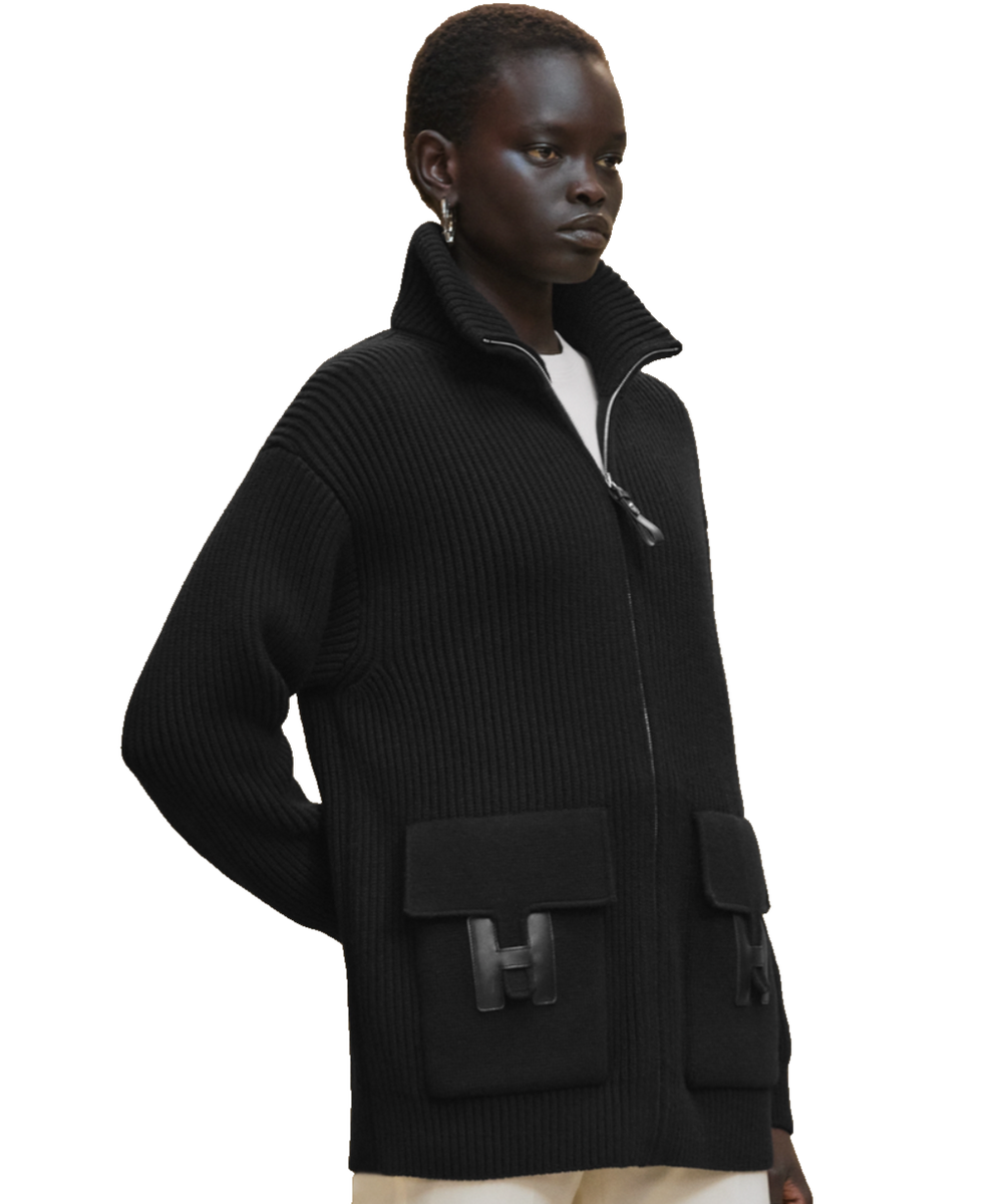 か*ん様 HERMES ZIPPED KNIT Hermes H Pocket Logo Black Zip Up Zipper Cardigan Sweater Wool