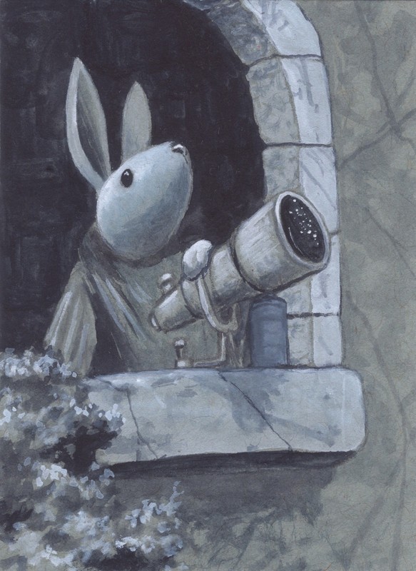 Rabbit Stargazer, ACEO original fantasy art card painting, OOAK 3.5x2.5 inches
