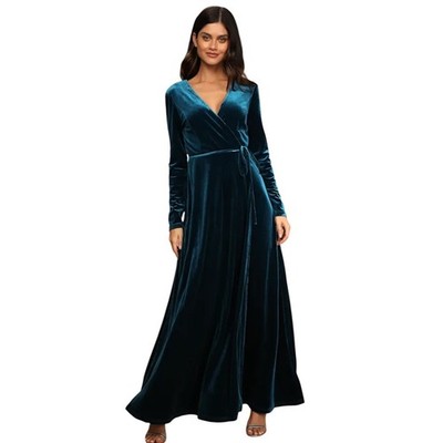 Lulus Jacinda Teal Blue Velvet Wrap Maxi Dress NWT Size Small