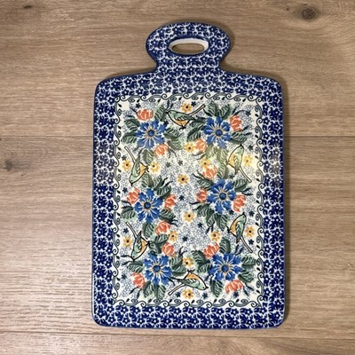 Polish Pottery Cheese / Cutting Board 11.25'' Unikat 2478 M. Starzyk Blue Floral