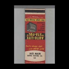Matchbook Cover Auto-Lite Jack Malin Davies Electric Co