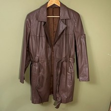 Etienne Aigner Jacket Womens Sz 14 Brown Leather Waist Tie Notched Lapel Vintage