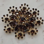 VTG Gold Tone Starburst Brooch Brown Amber Rhinestone Pin Costume Jewelry 2.75"