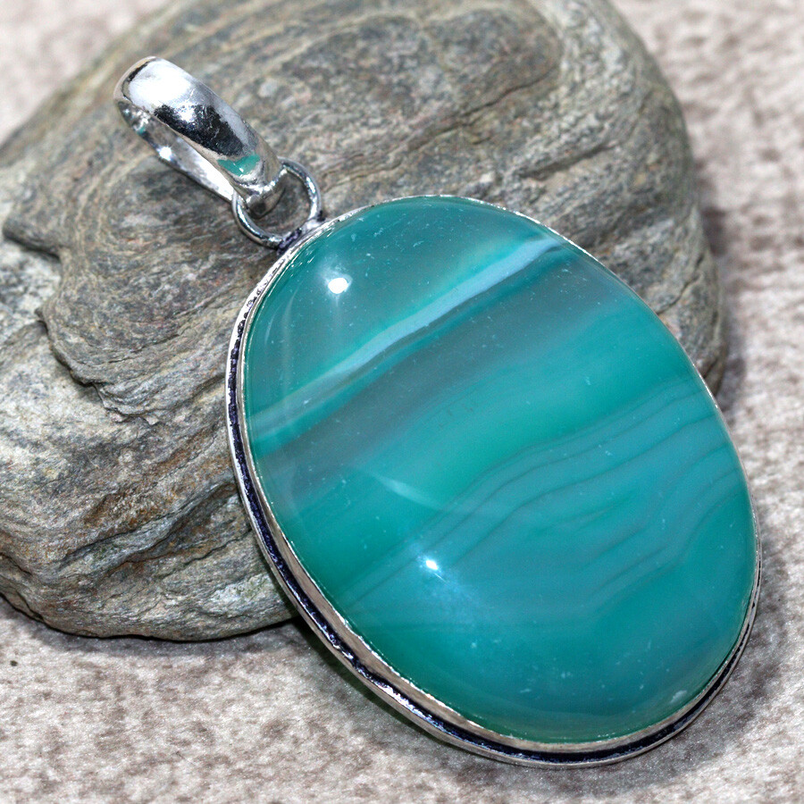 925 Silver Green Botswana Agate Ethnic Pendant Jewelry 2.1 inches JW