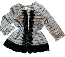 Chico  s Fringe Lace Trim Tweed Boucle Open Jacket Sz 1 M/8 Black Gray 105B