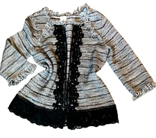 Chico’s Fringe Lace Trim Tweed Boucle Open Jacket Sz 1 (M/8) Black Gray #105B