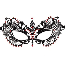 Black Light Metal Filigree Venetian Masquerade Mask for Women (Red Gems)