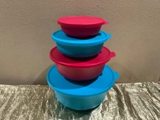New Tupperware Set of 4 Aloha Nesting Bowls with Lids in Beautiful Bright Colors