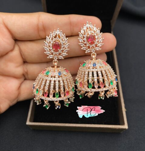 Grandes boucles d'oreilles lustre pakistanais AD Jhumka rose indien plaqué or - Photo 1/6