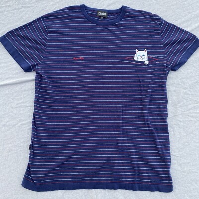 RIPNDIP Striped T-Shirt Adult Large Pocket Cat gives middle finger