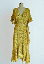 Max Studio Yellow Pattern Ruffle Midi Wrap Wrap Dress - Large *FREE SHIPPING*