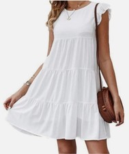 Kirundo White Tiered Baby Doll Dress S Flutter Sleeve Summer Boho Chic
