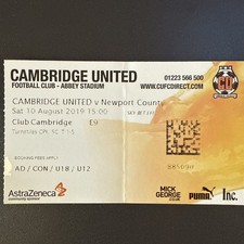 Cambridge United v Newport County(SkyBet League 2 2019/20)10/8/2019 Match Ticket