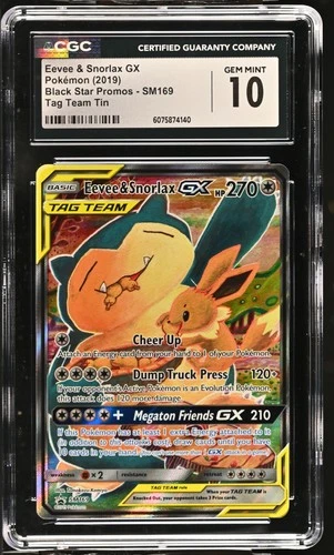 CGC 10 GEM MINT Eevee & Snorlax GX Black Star Promos SM169 Tag Team Pokemon Card