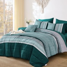 Teal King Comforter Size Set, 8 Pieces Striped Texture Bed in a Bag Bedding Sets