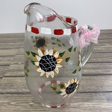 Vintage Hand Painted Glass Pitcher Pour Spout Handle Sunflower Floral Design