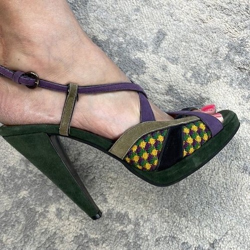 Miu Miu sandalo scamosciato peeptoe tacco cinturino verde viola giallo tg 39