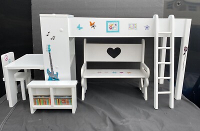 Journey Girls All Wood Loft Bed Desk Chair Bench Bookcase For 18'' Dolls AG OG
