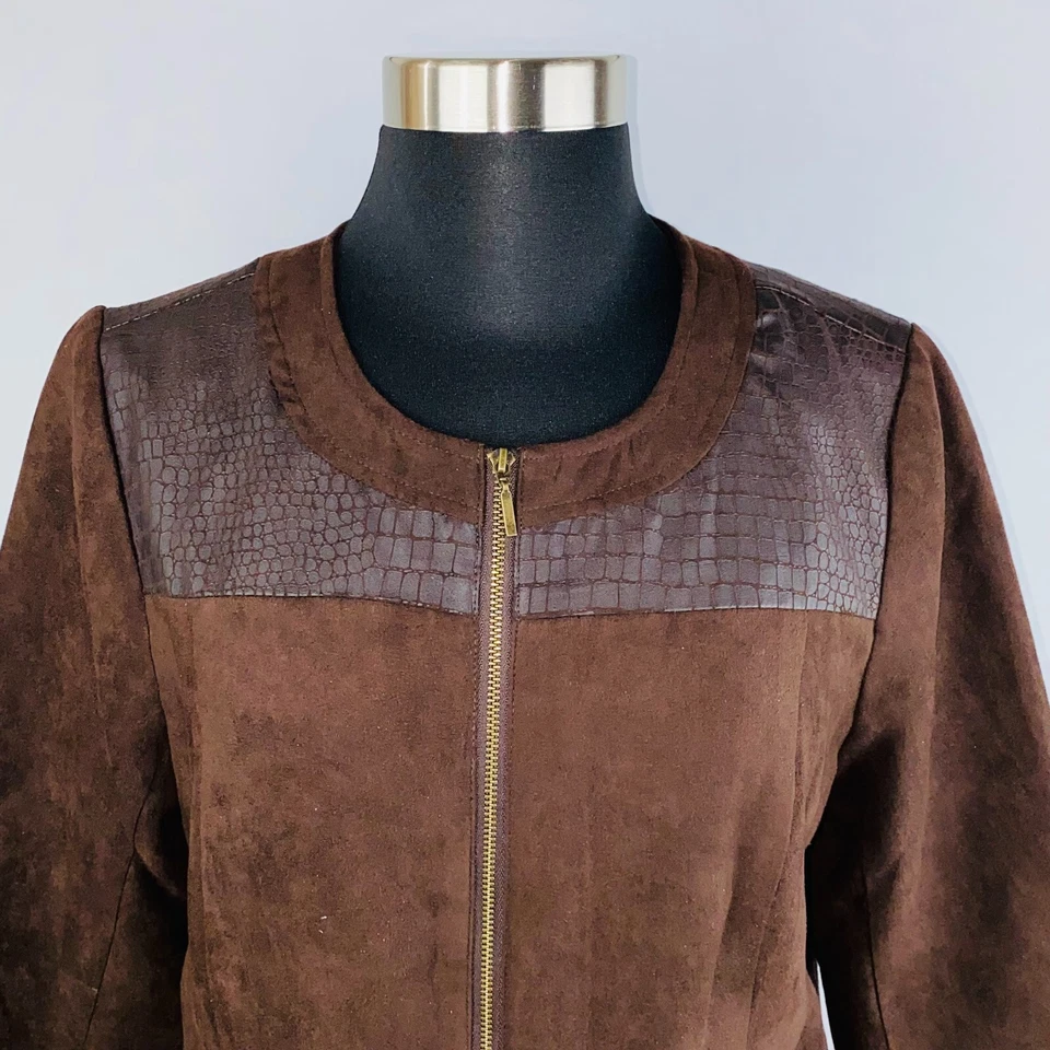 Blazer Studio Works feminino marrom sem colarinho forrado com zíper jaqueta 8 P - Imagem 2 de 4