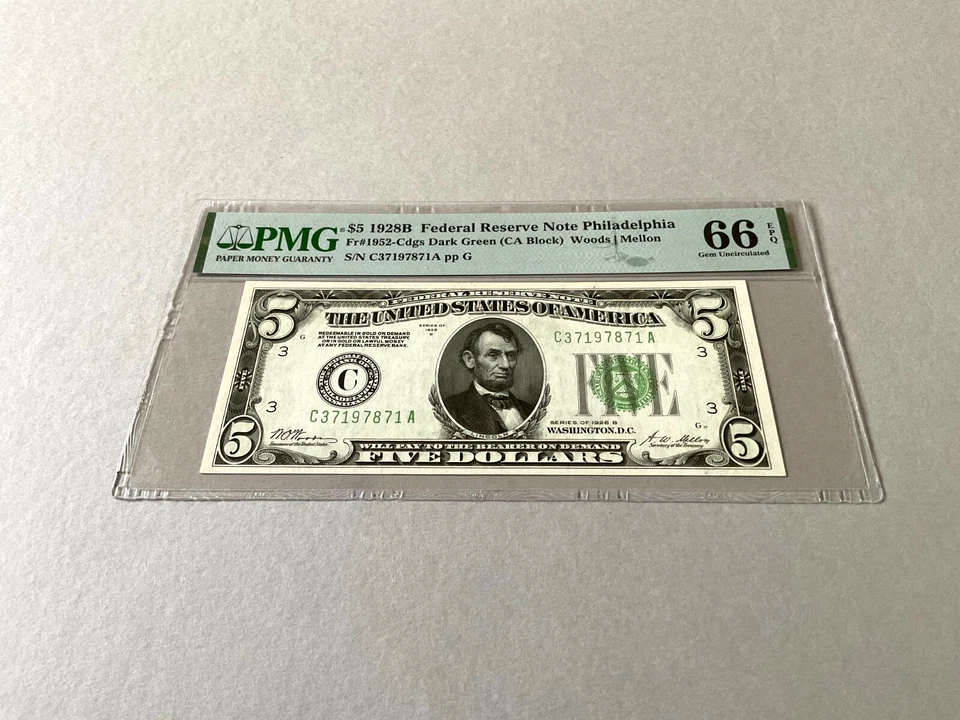 U.S. $5 FR 1952-Cdgs Dk Grn (CA Blk) 1928B Fed Resv Note Philadelphia PMG 66 EPQ - Image 2 of 4