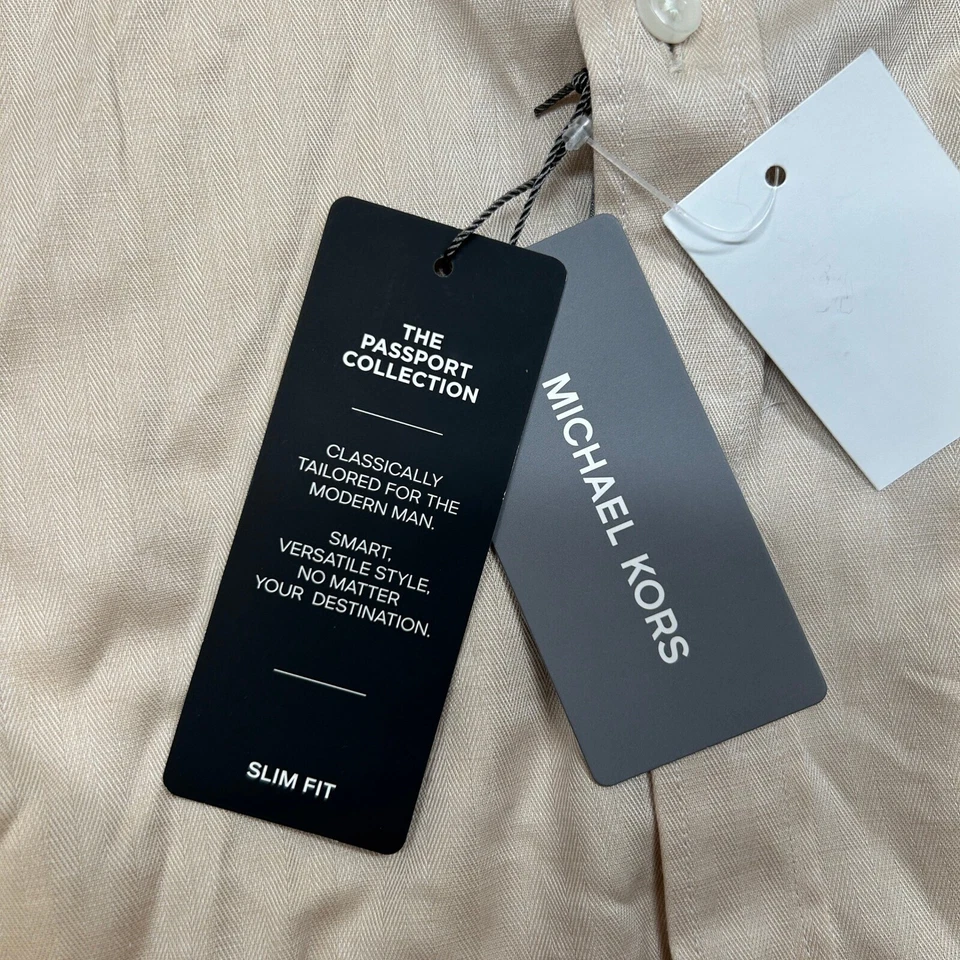 Camisa Michael Kors Passport Calce Ajustado Para Hombres Grande 16-16.5 Tostado Tostado Algodón Lino NUEVA Foto 4 de 4