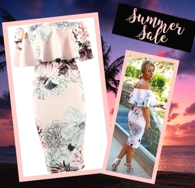 Bardot Dress Summer Holiday Occasion Wedding Guest Dress size uk 8 10 12