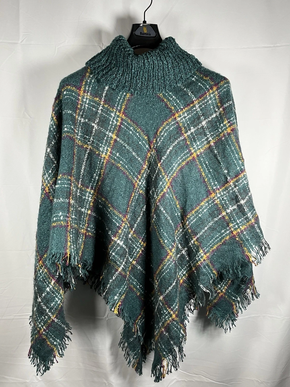 NWT Harve Benard Womens Teal Plaid Turtleneck Fringed Poncho/Cape One Size