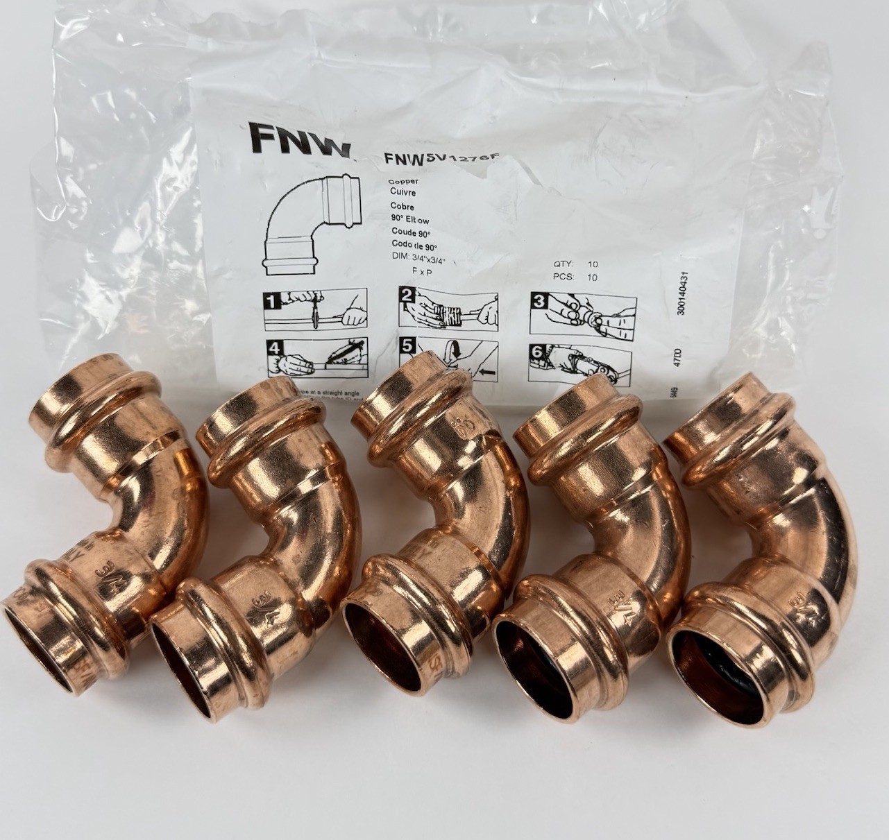FNW FNW5V1276F, Copper Press 90° Elbow Fitting, Dia 3/4" x 3/4" Lot Of 5
