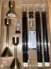 Bethlehem Lights Set of 3 Flameless Taper Candles w/ Gold Holders Remote Ivory