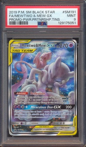 2019 POKEMON PARTNERSHIP TAG TEAM TINS MEWTWO & MEW GX #SM191 FULL ART PSA 9