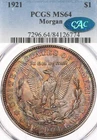 1921 $1 PCGS MS64 Morgan Silver Dollar Beautiful Toning, Rainbow