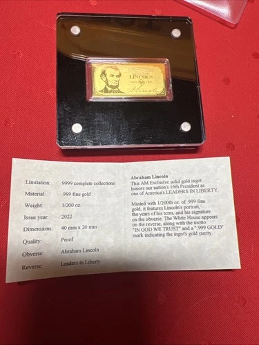 2022 American Mint Abraham Lincoln Leader In Liberty 1/200oz 999 Fine Gold Ingot