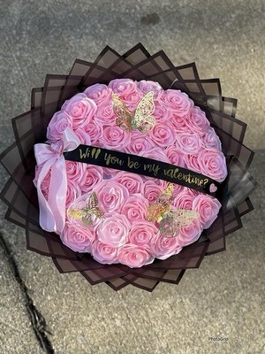 Eternal Rose Bouquet 30 ct pink with butterflies bow and ribbon with text choice